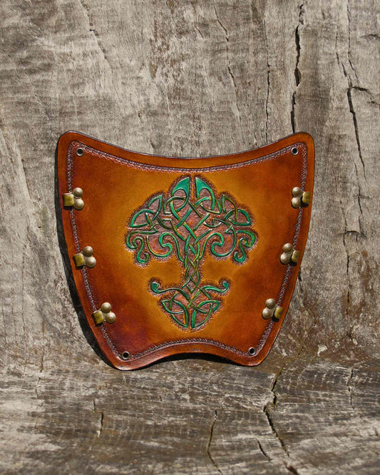 Handgefertigter Leder-Armschutz mit keltischem Baum des Lebens, verstellbar und ergonomisch