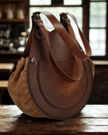 Handgefertigte Boho Umhängetasche, rund mit Schildkröten-Prägung